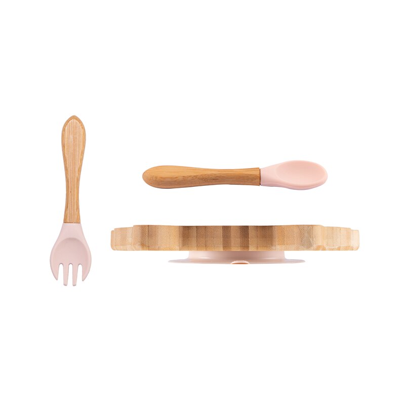 Suction Back Wooden Baby Plate with Spoon and Fork